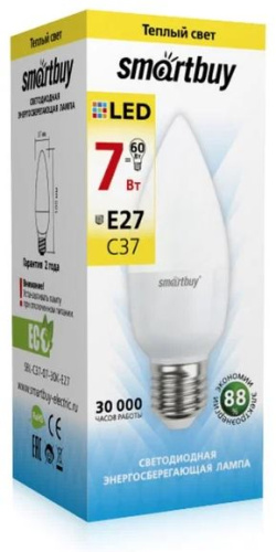 Лампа светодиодная Cвеча (LED) 7вт 3000К E27 Smartbuy (SBL-C37-07-30K-E27)
