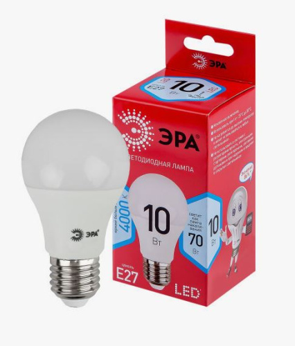 Лампа светодиодная Груша (LED) A60 10вт 4000К Е27 ЭРА (A60-10W-840-E27)
