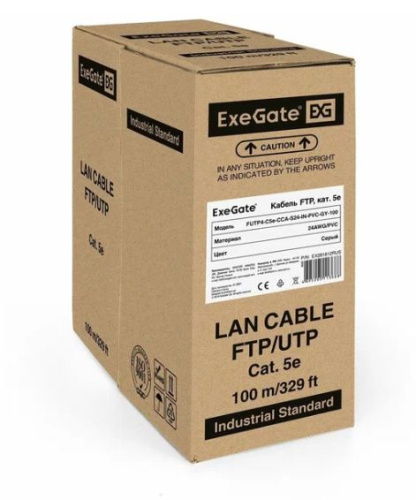 Патч-корд ExeGate  FUTP4-C5e-CCA-S24-IN-PVC-GY-100 FTP 4 пары кат.5e CCA, 24AWG, экран, бухта 100м, серый, PVC