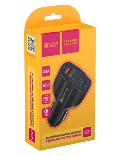 Автомобильное зарядное устройство DREAM CH20 2USB+Type-C 2.4A 30W черный (181038)