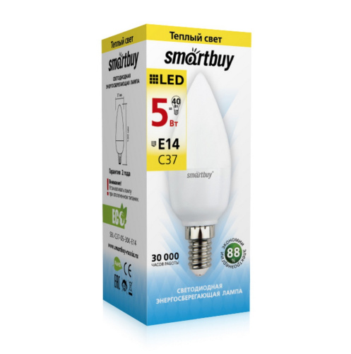 Лампа светодиодная Cвеча (LED) 5вт 3000К E14 Smartbuy (SBL-C37-05-30K-E14)