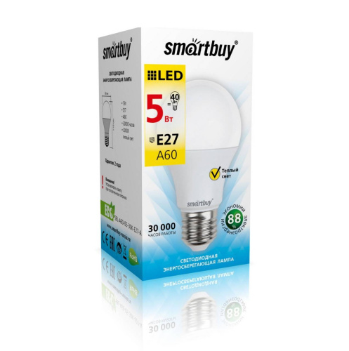 Лампа светодиодная Груша Smartbuy-A60-05W/3000/ E27 теплый, белый (SBL-A60-05-30K-E27-A)