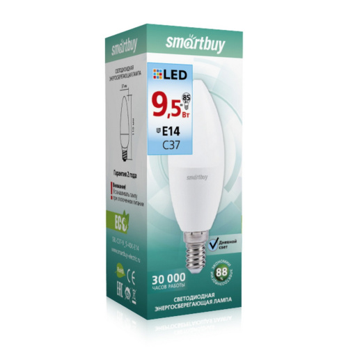 Лампа светодиодная Cвеча (LED) 9,5вт 4000К E14 Smartbuy (SBL-C37-9_5-40K-E14)