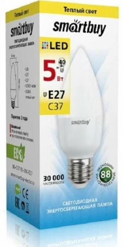 Лампа светодиодная Cвеча (LED) 5вт 3000К E27 Smartbuy (SBL-C37-05-30K-E27)