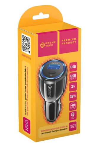 Автомобильное зарядное устройство DREAM CH21 USB+Type-C 3A 38W черный (181039)