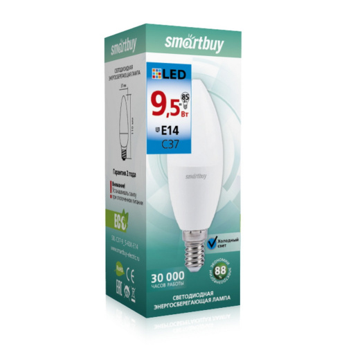 Лампа светодиодная Cвеча (LED) 9,5вт 6000К E14 Smartbuy (SBL-C37-9_5-60K-E14)
