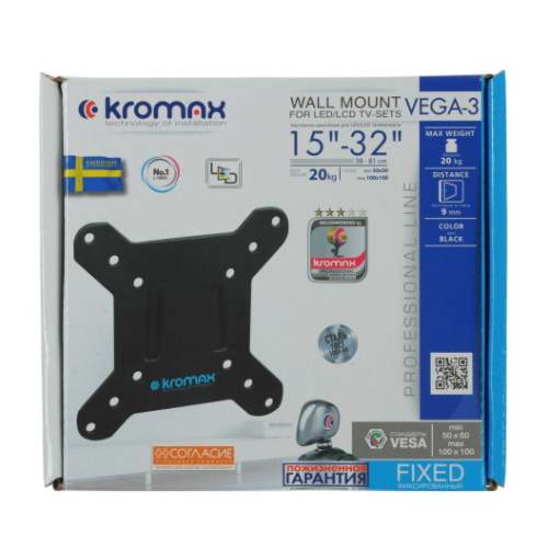 Кронштейн Kromax VEGA-3, для ТВ, фиксированный, 15-32", 9 мм от стены, черный 4288998 фото 2